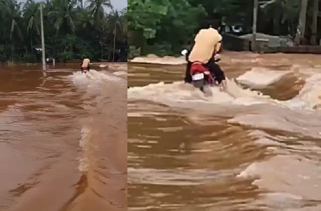ನೆರೆ ನೀರಿನಲ್ಲಿ ಯುವಕರ ಹುಚ್ಚಾಟ: ಬೈಕ್ ಸಮೇತ ಕೊಚ್ಚಿ ಹೋದ ಯುವಕರು