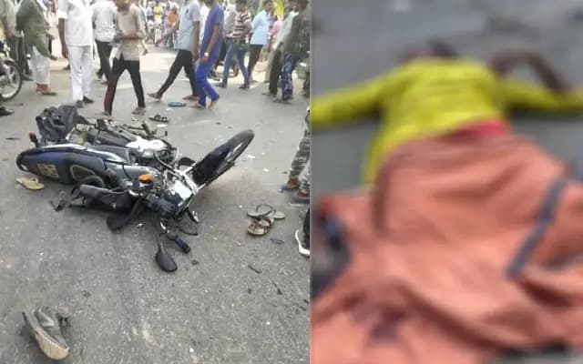 ಬೈಕ್‌ಗೆ ಲಾರಿ ಡಿಕ್ಕಿ :  ಪತಿ ಸಾವು, ಪತ್ನಿ ಕಾಲುಗಳು ಕಟ್‌, ಮಗು ಪಾರು