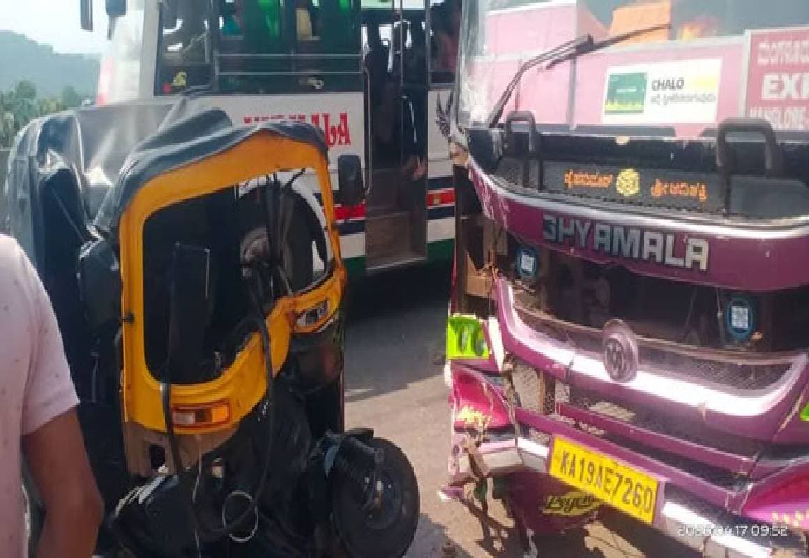 ಖಾಸಗಿ ಬಸ್- ಆಟೋ ನಡುವೆ ಮುಖಾಮುಖಿ ಡಿಕ್ಕಿ – ಮೂವರಿಗೆ ಗಾಯ