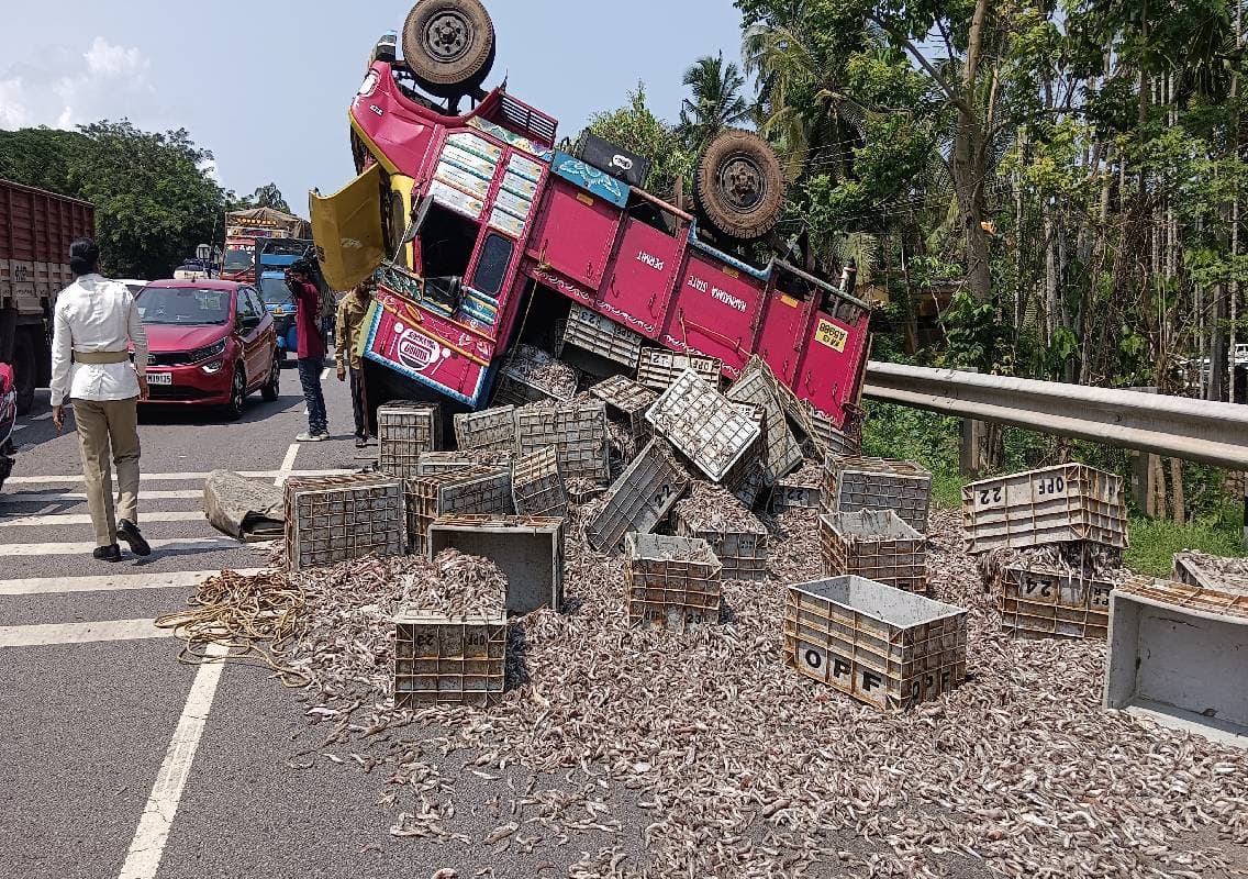 ಉಡುಪಿ: ಟೈಯರ್ ಸ್ಫೋಟಗೊಂಡು ಮೀನು ಸಾಗಾಟದ ಲಾರಿ ಪಲ್ಟಿ; ಚಾಲಕ ಪಾರು