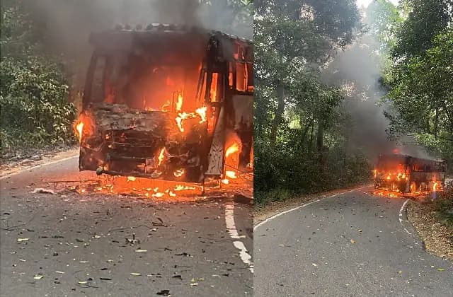 ಕೊಡಗು : ನಡುರಸ್ತೆಯಲ್ಲೇ ಹೊತ್ತಿ ಉರಿದ ಪ್ರವಾಸಿ ಬಸ್!