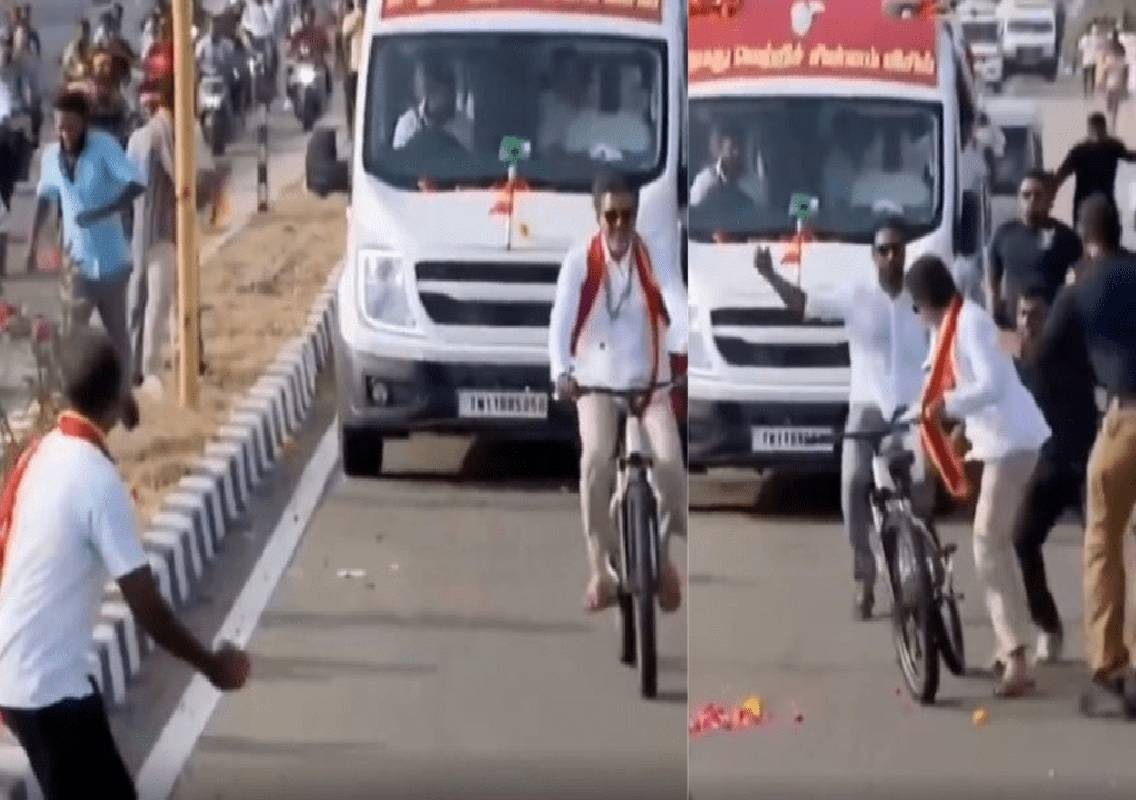 ಹೂವಿನ ಚೆಂಡಿಗೆ ಬೆಚ್ಚಿದ ನಟ ವಿಜಯ್; ಬಾಂಬ್ ಎಂದು ಭಾವಿಸಿ ಸೈಕಲ್ ಬಿಟ್ಟು ಓಡಿದ ದಳಪತಿ! - News Karnataka