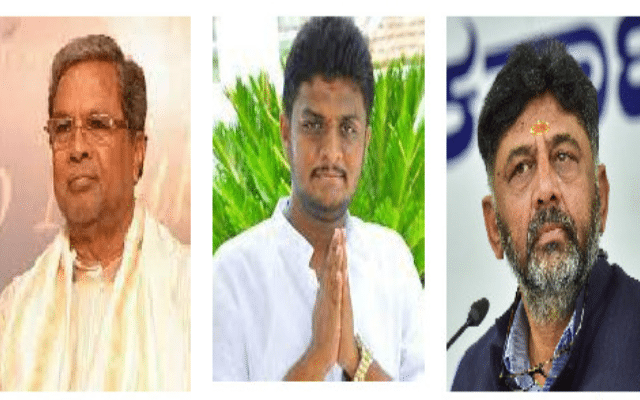 Hassan: Congress leaders raise their hands with Shreyas Patel in Holenarasipura