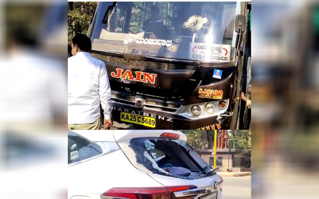 Hubballi: Car damaged after being hit by bus